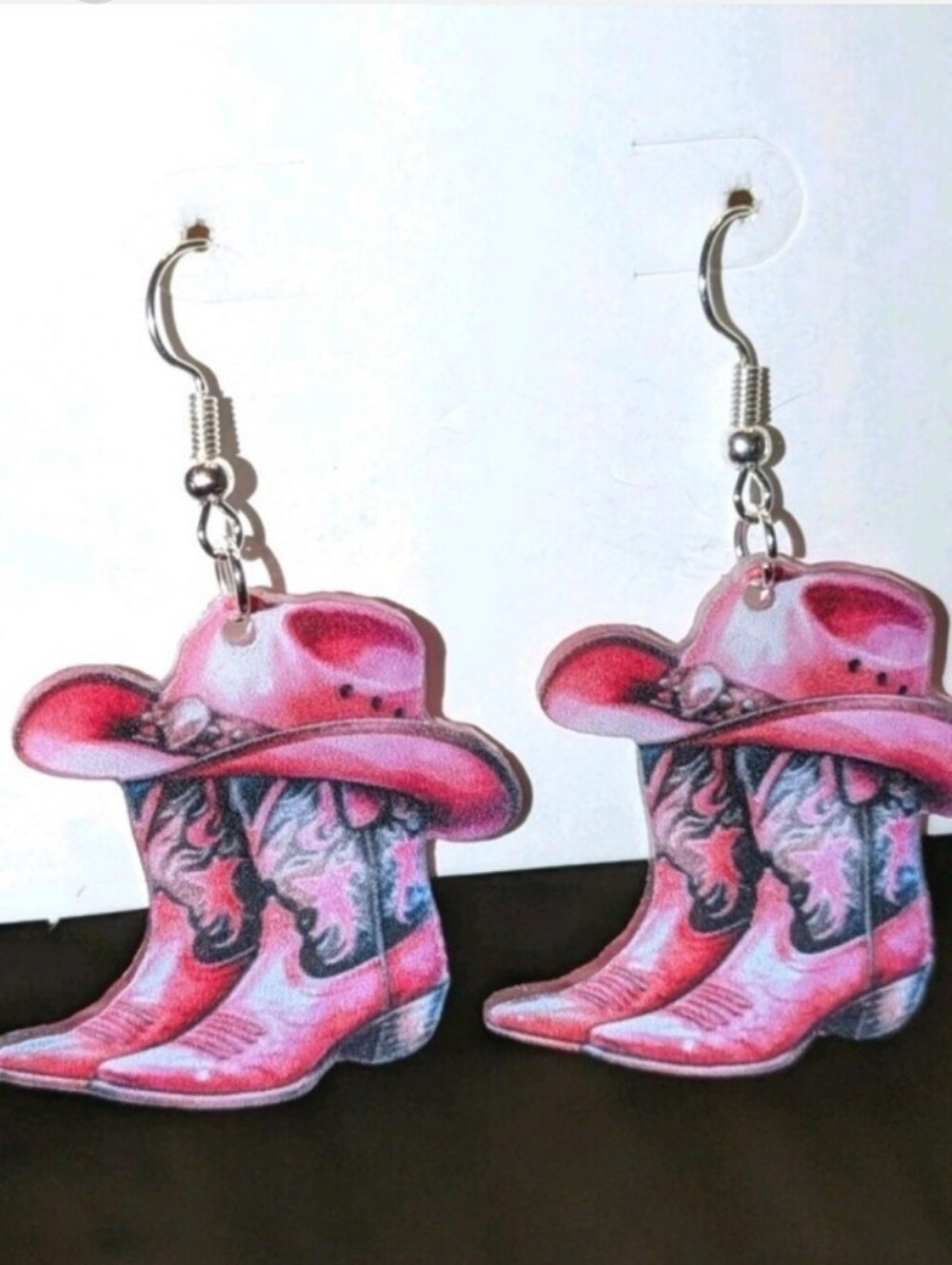 Ladies Pink Cowboy Hat & Boot Dangle Earrings